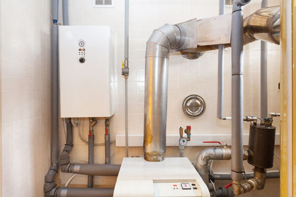 A domestic household boiler room with a new modern solid fuel boiler , heating electric warm water system and pipes